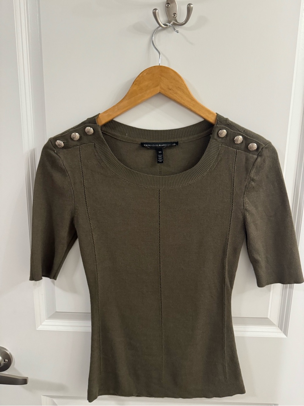 White House Black Market Olive Green Long-Sleeve Knit Top with Shoulder Buttons